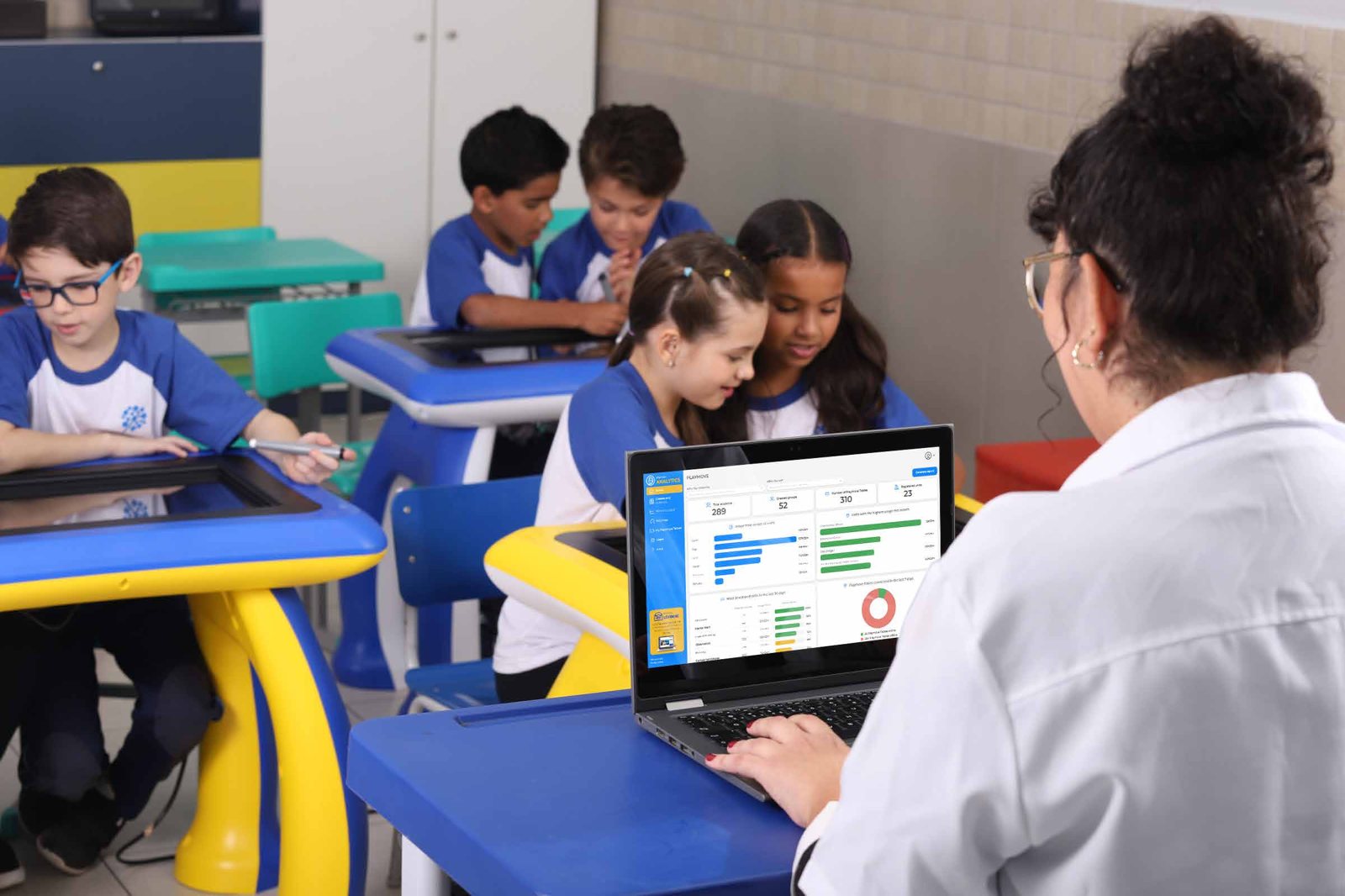 Professora acompanhando a turma pelo Playmove Class
